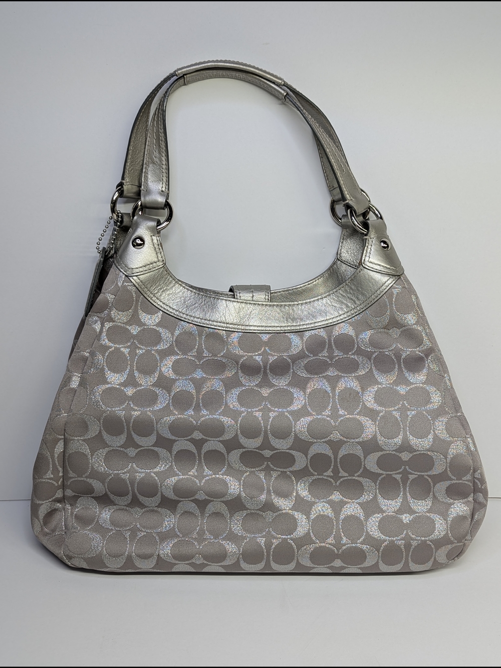 Coach Signature Gray / Silver Canvas / Leather Medium Soho Hobo Bag Purse F18909 - Picture 5 of 12